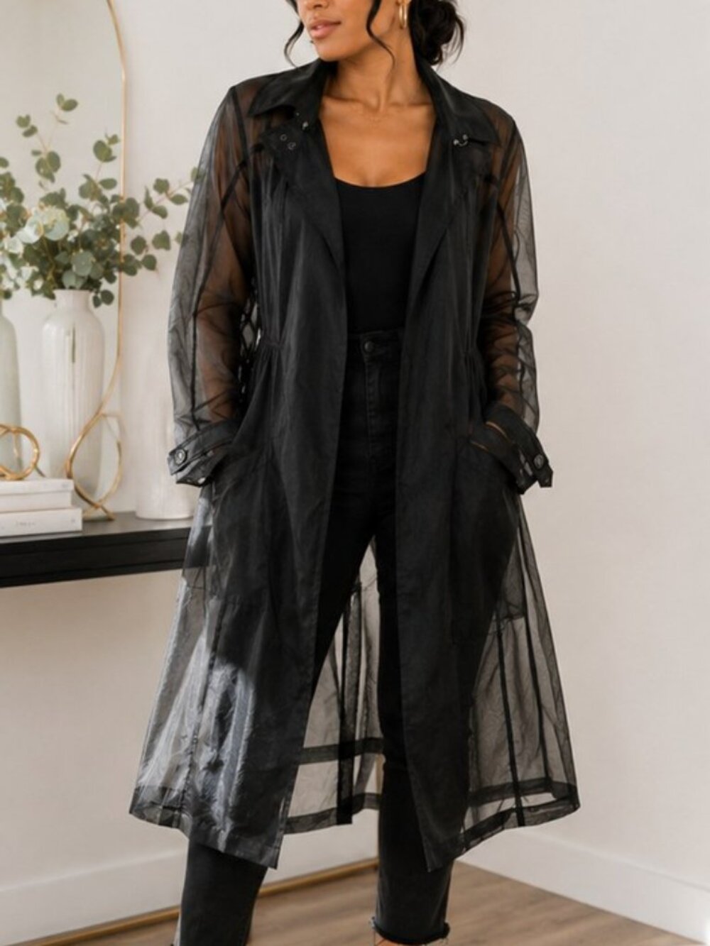 White House Black Market Organza Black Double Breasted Belted Trench Coat - SML